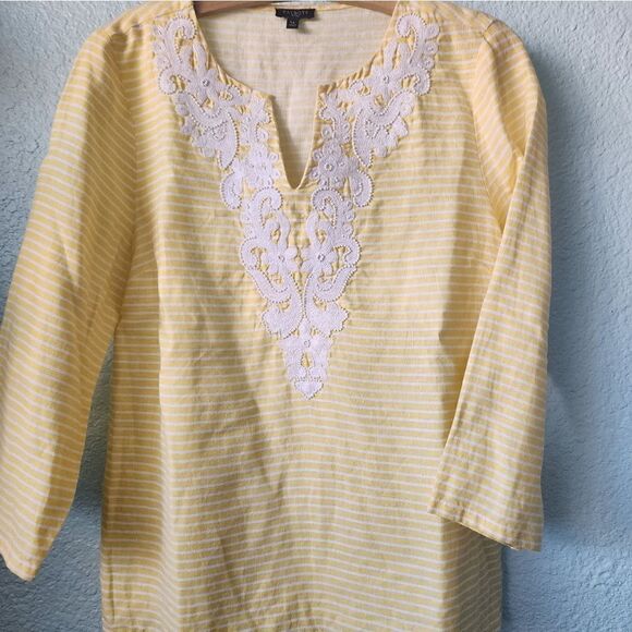 Talbots 100% linen Beach breeze stripe 2/4 sleeve blouse - Picture 2 of 13